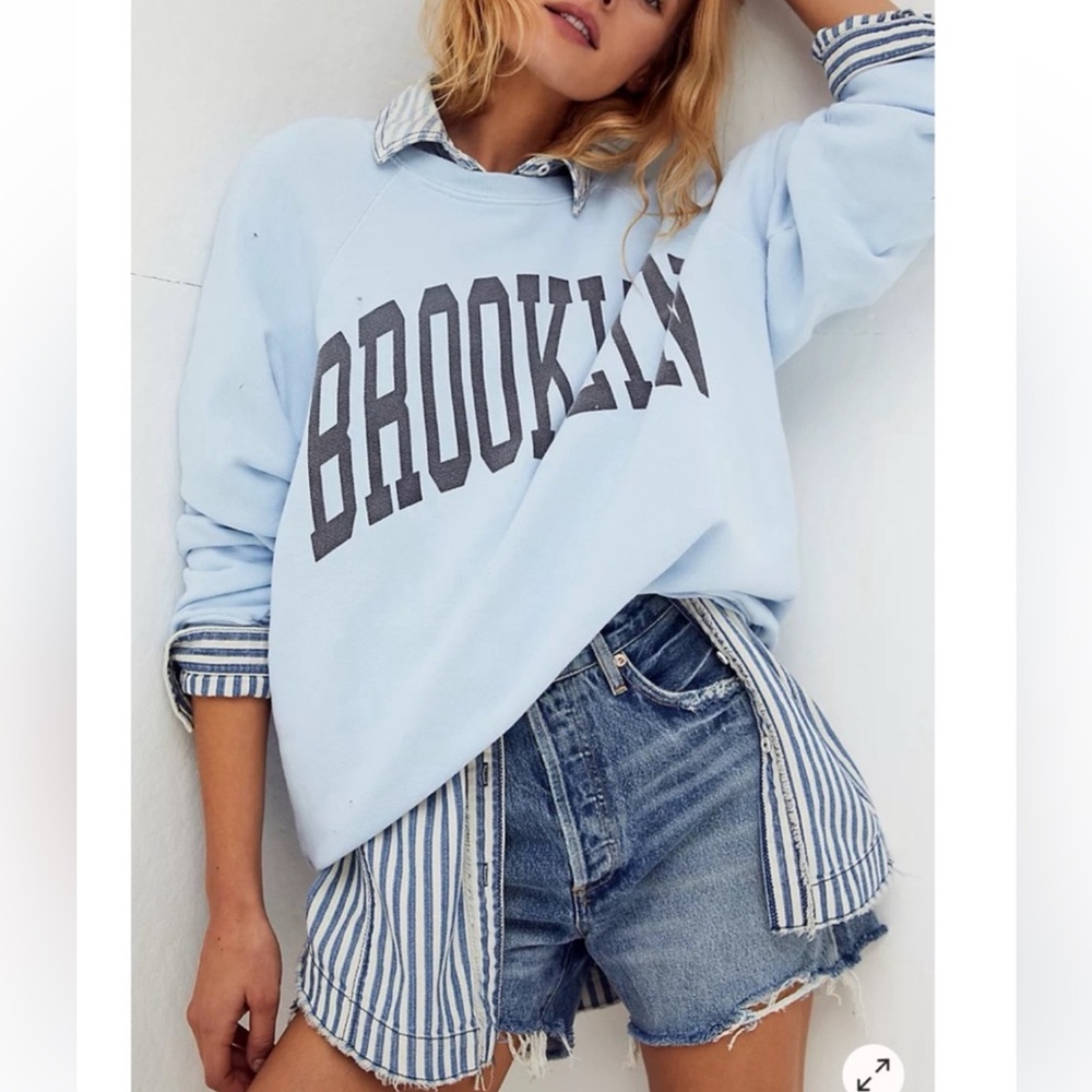 Free People Retrobrand Small Brooklyn Terry Sweatshirt Oversized Blue